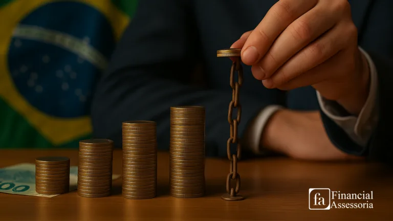 Homem empilhando moedas presas por corrente diante da bandeira do Brasil, simbolizando os impactos do intervencionismo estatal na economia.