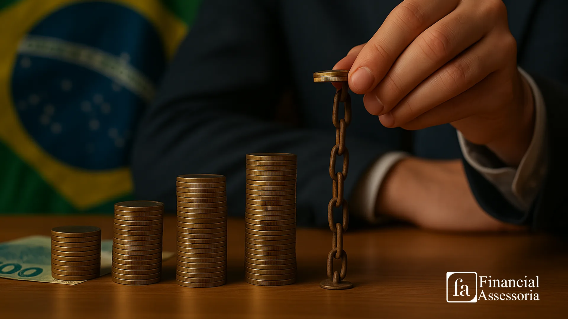 Homem empilhando moedas presas por corrente diante da bandeira do Brasil, simbolizando os impactos do intervencionismo estatal na economia.