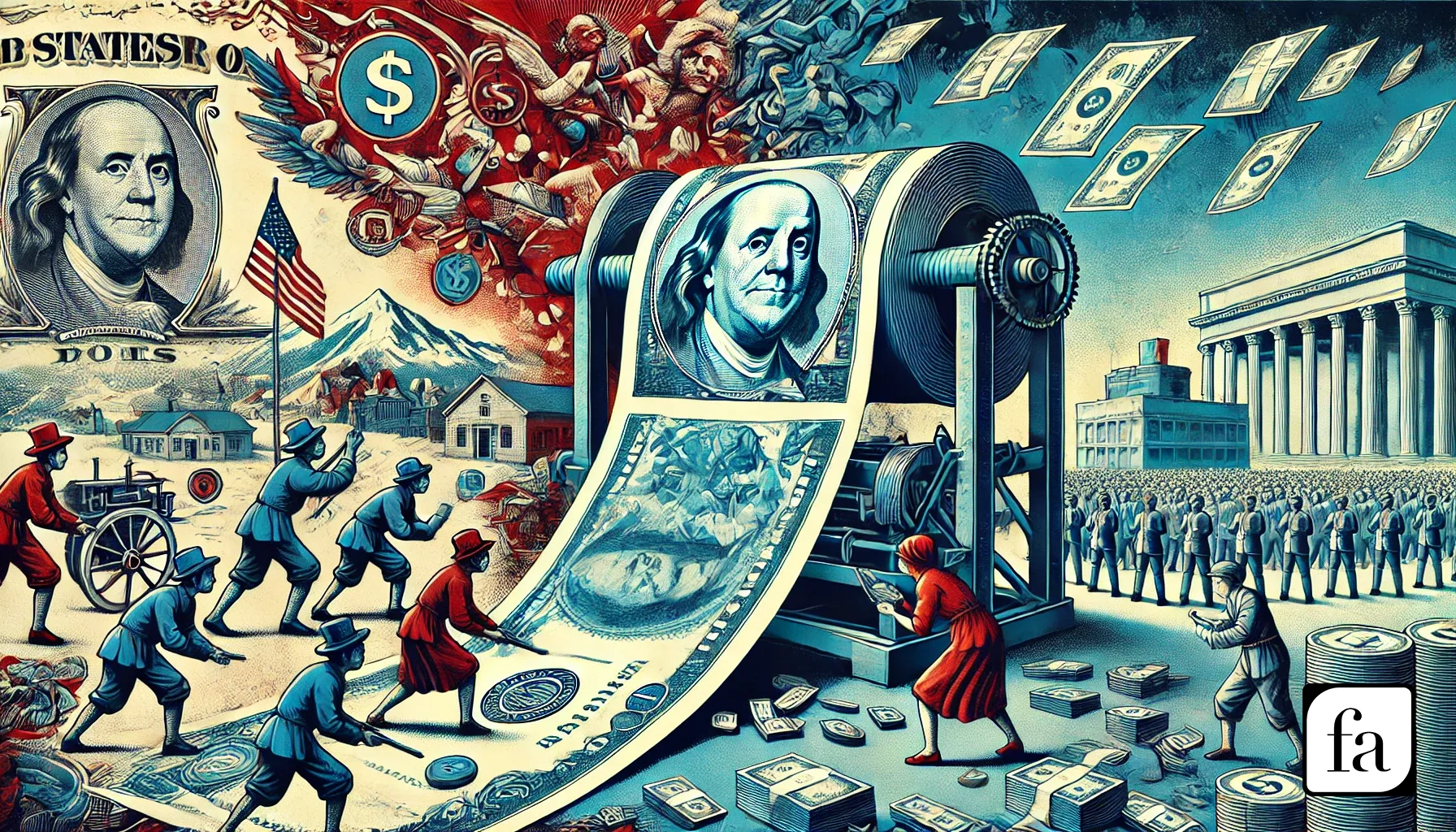 Ilustração mostrando o contraste entre o dinheiro tradicional e a moeda fiduciária moderna, com crianças brincando com dinheiro durante a hiperinflação e a impressão de grandes quantidades de dinheiro no cenário atual.