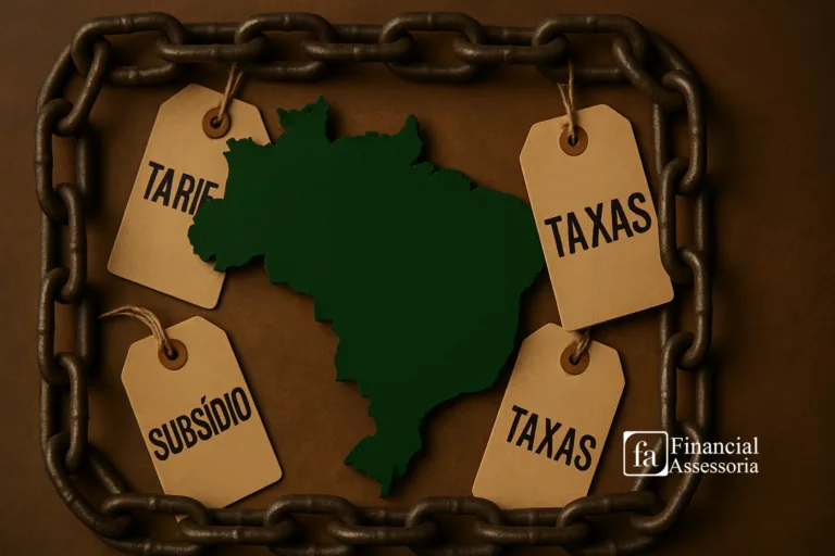 Mapa do Brasil cercado por correntes com etiquetas de tarifas, taxas e subsídios, representando os efeitos do protecionismo econômico.